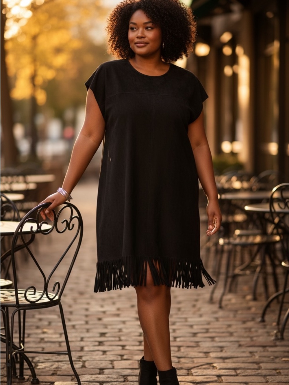 Chico's Size 2 - Large 12 Faux Suede Shift Dress Fringe Hem Black Short Sleeve